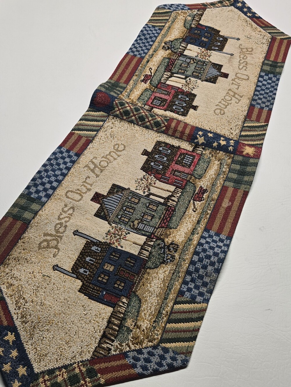 Bless Our Home Tapestry Table Runner in Patriotic Patchwork Colors
